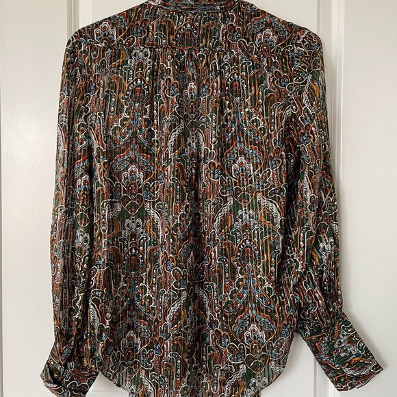 VERONICA BEARD SILK BLOUSE 2, Size Small, Zaylee Paisley Tie-Neck Green/Brown - Picture 3 of 7